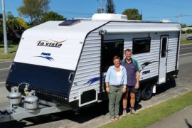 Karen and David, taking possession of their brand new La Vista Fiesta 21 foot caravan. A dream which has come true.